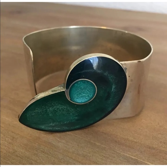 Vintage 70s Sterling Silver Turqoise Green Large Cuff...